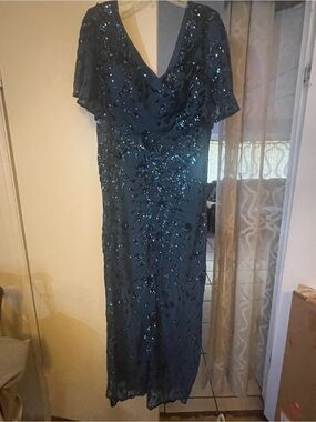 Navy Sequin Midi Dress with Flutter Sleeves